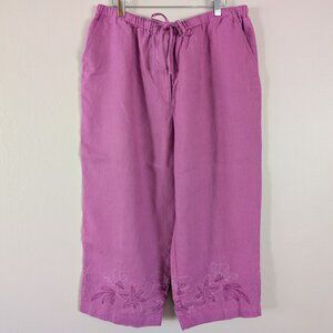 High Waisted Purple Wide Leg Linen Pants with Floral Embroidery - Plus Size 18